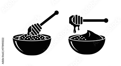 Black and white illustration of honey dipper honeycombs and honey in bowls