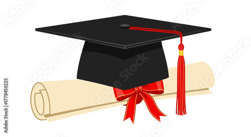 Graduation cap with diploma roll celebrating academic achievement and success
