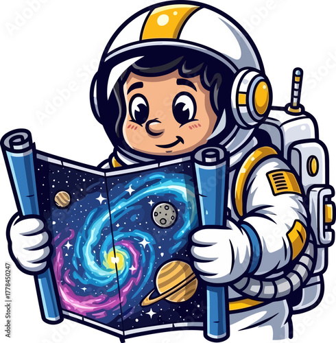 curious astronaut unrolls space map, charting distant galaxies and future adventures