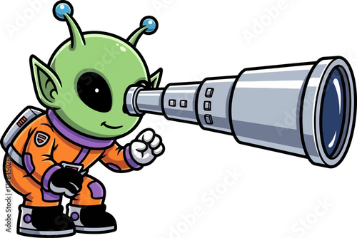 little alien seeks cosmic secrets, peering through worlds unknown