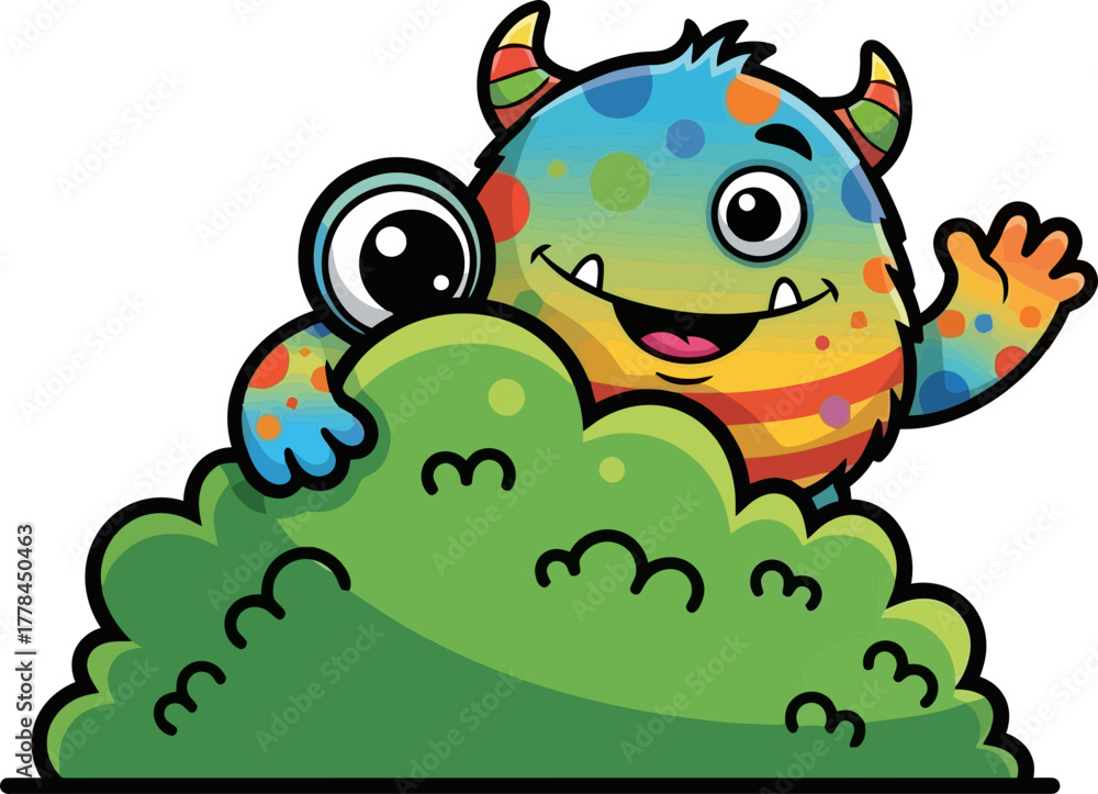 Fototapeta premium curious, colorful creature peeks from bush, waving a cheerful greeting