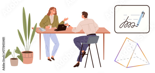 Colleagues brainstorming at desk with laptop, plants, geometric diagram, and digital signature concept. Ideal for team collaboration, productivity, design, creativity, innovation planning simple