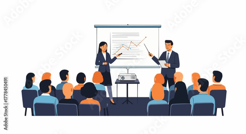 Business professionals presenting a growth chart to an audience.