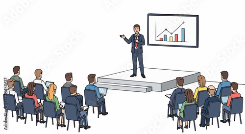 Business presentation with speaker and audience in a conference room setting.
