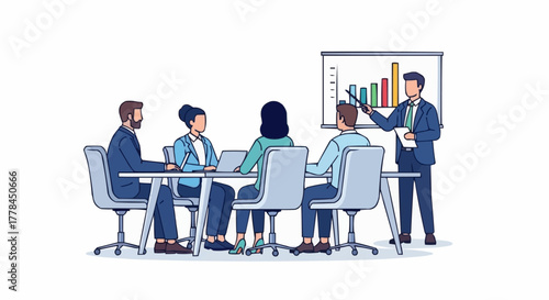 Business meeting presentation with data analysis and team collaboration.