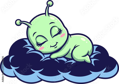 whimsical alien baby peacefully naps, floating on a dreamy cloud