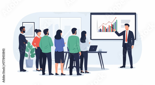 Business meeting presentation with diverse team analyzing growth chart on screen.