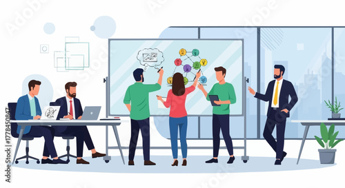 Business team collaborating during a creative brainstorming session.
