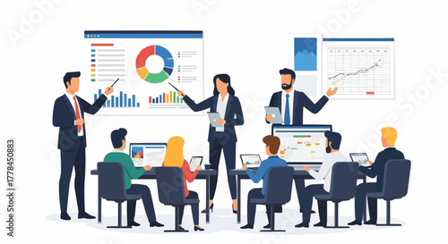 Business professionals conducting a meeting with data analysis and presentations.