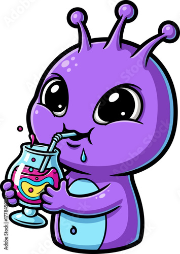 adorable alien sips a vibrant, intergalactic drink with joyful delight
