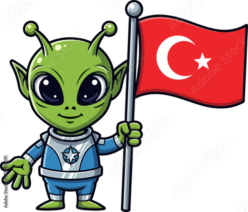 interstellar envoy joyfully hoists turkish flag, bridging worlds with pride