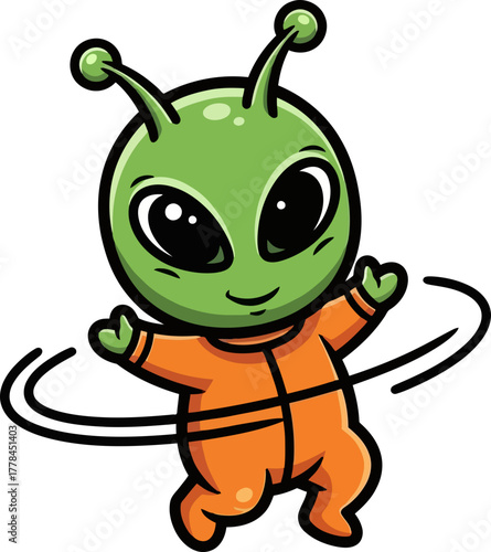little green alien joyfully hulahooping across the universe