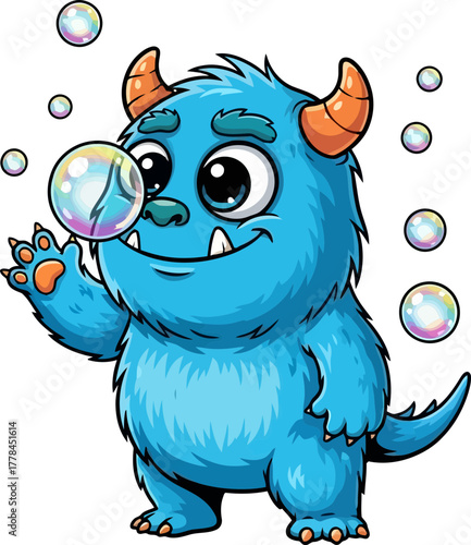fuzzy blue monster discovers bubble magic, creating pure, ephemeral delight