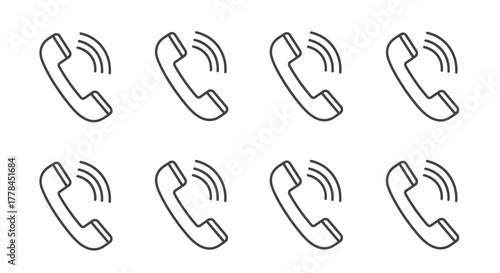Simple black and white illustration of multiple telephone handset icons arranged neatly