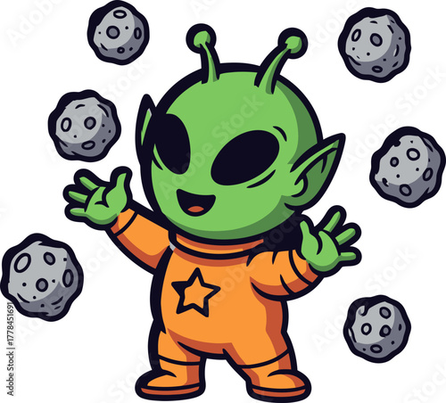 little green juggler masters celestial spheres with joyful cosmic play