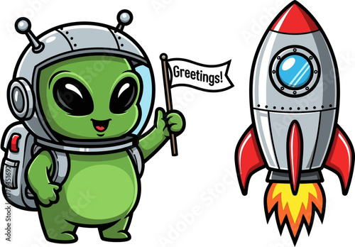 whimsical space visitor extends a friendly welcome near his starship