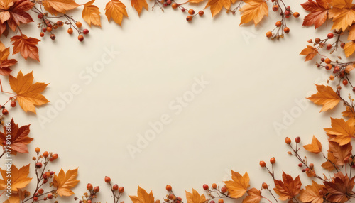 Autumn wreath frame with leaves and berries on cream background, Thanksgiving card layout.