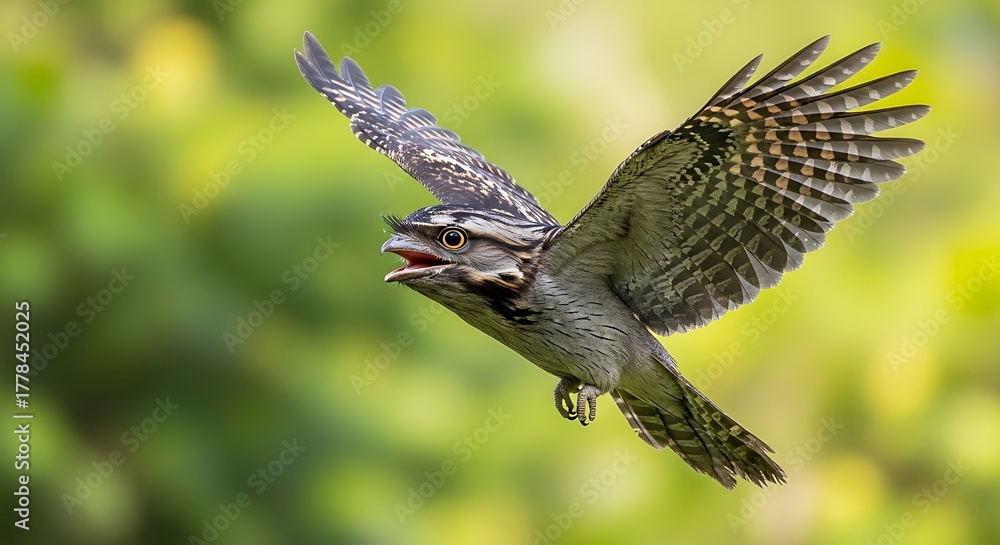Obraz premium Tawny frogmouth in flight with open beak against a blurred green background showcasing its wing pattern