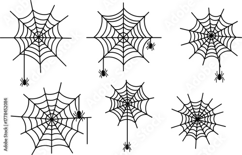 Spider and cobweb vector set, black spiders on silk thread, spooky Halloween web illustration, creepy horror decoration for design and background
