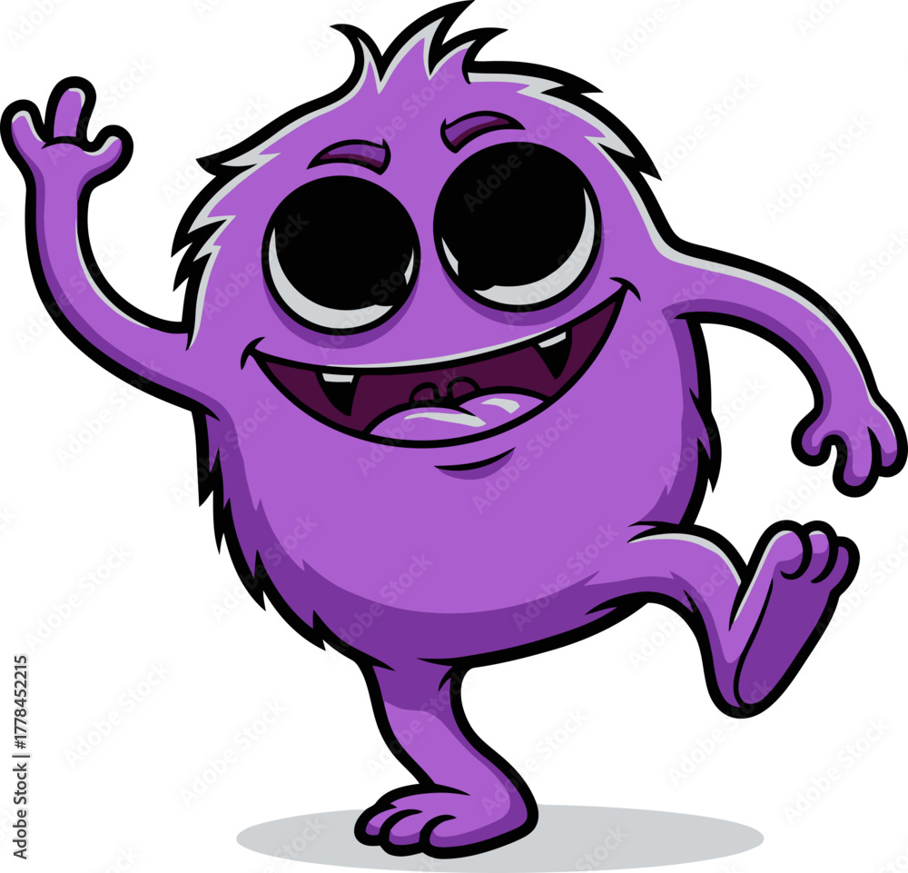 Fototapeta premium playful purple critter offers a cheerful wave, inviting friendly interaction