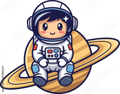 little astronauts serene journey, resting upon magnificent cosmic saturns rings