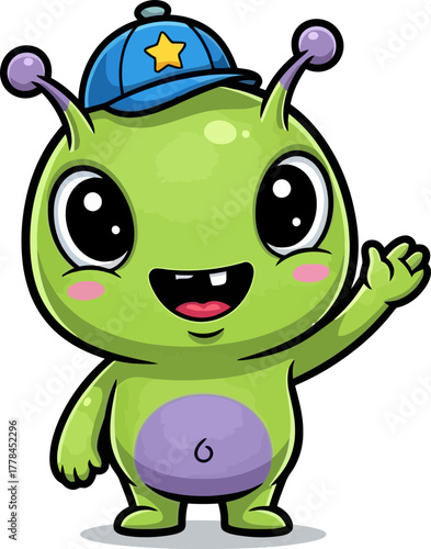 friendly alien character with star cap waves happily, greeting world
