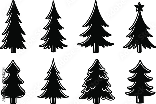 Stylized pine tree vector set, black and white silhouette illustration, minimal forest design, holiday decoration, abstract evergreen shapes, nature icon collection