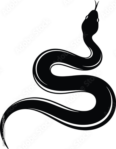 Stylized snake vector illustration, smooth curved serpent silhouette design, minimal black reptile artwork, elegant wild animal symbol, modern tattoo art graphic