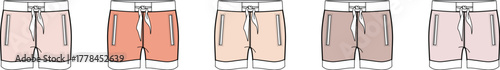 Conceptual flat sketch collection of five casual shorts in pastel pink, warm coral, light beige, and brown, ideal for fashion design