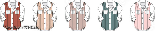 Set of vector apparel design templates for a men's button-down shirt featuring a layered vest look, presented in five different colorways