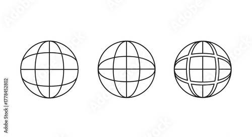 Three linear globe illustrations displaying varying levels of grid detail