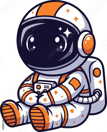 cute cosmonaut enjoys handheld game, lost in celestial imagination