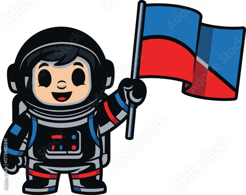 little astronaut proudly plants flag, celebrating space explorations triumphant spirit