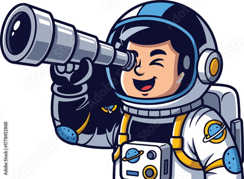 young astronaut observes future through telescope with joyful anticipation