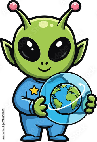 happy extraterrestrial gently cradles our world, a gesture of peace