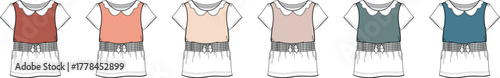 Collection of girls' sleeveless dresses with a peter pan collar and belt, shown in multiple colorways. Fashion technical flat vector illustration for apparel design