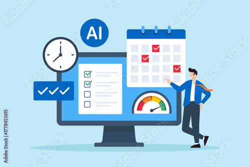 Flat illustration of office worker using AI tool to manage task list optimize schedule and improve performance through calendar and time management