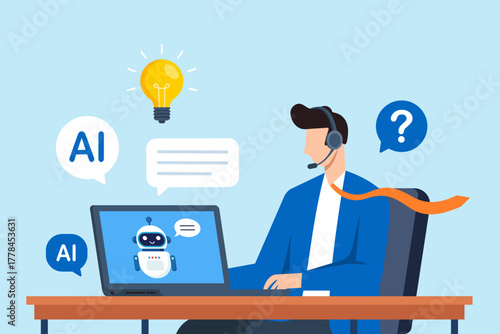 Flat illustration of call center agent using AI chatbot on computer to assist customer communication through helpdesk service and generative support tools