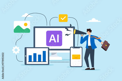 Flat illustration of office worker using AI generative tools to create marketing content and automate business tasks with digital devices and workflow system