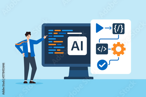 Flat illustration of prompt engineer using AI tools to write code develop software and automate workflow for modern programming innovation