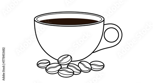 Simple black and white illustration of a coffee cup and beans