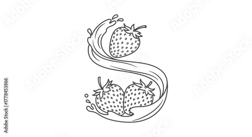 Strawberry splash forming the letter s a delightful line art design