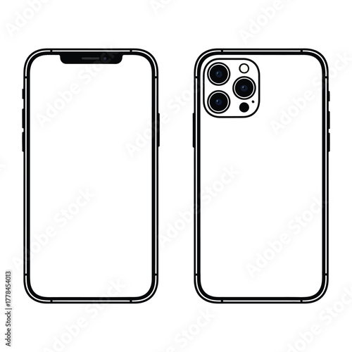 Blank smartphone template with front and back views. Modern communication device shown in a minimalist outline style for digital mockups