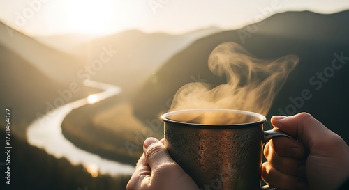 Morning Coffee Overlooking a Scenic Mountain Valley.