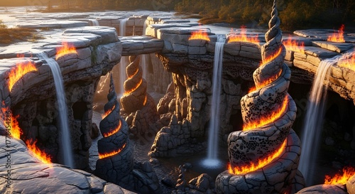 Surreal Rock Formation with Floating Arches and Spiraling Towers, Fantasy Landscape of Fire Water and Stone in Golden Hour Light