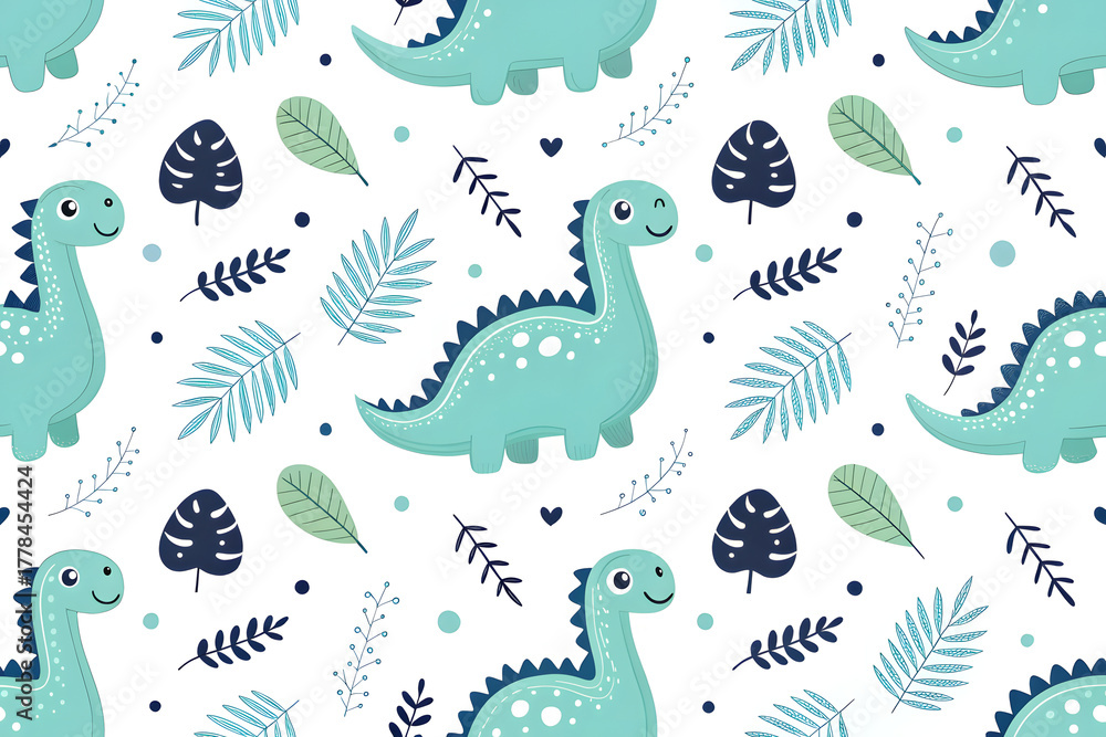 Fototapeta premium Seamless Pattern of Cute Teal Dinosaurs and Leaves