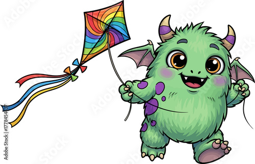 cute green monster excitedly holds a bright rainbow kite ready to soar
