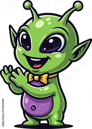 our little green friend claps happily, full of cheerful excitement