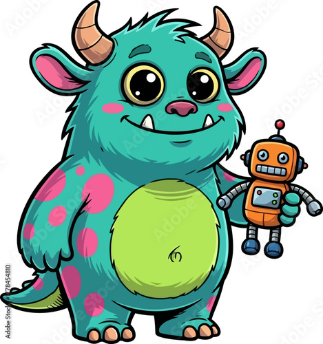 whimsical monster beams, holding its beloved toy robot companion