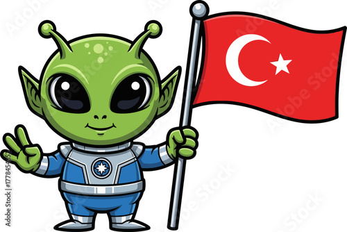 adorable alien cheers for turkey, displaying national flag with pride